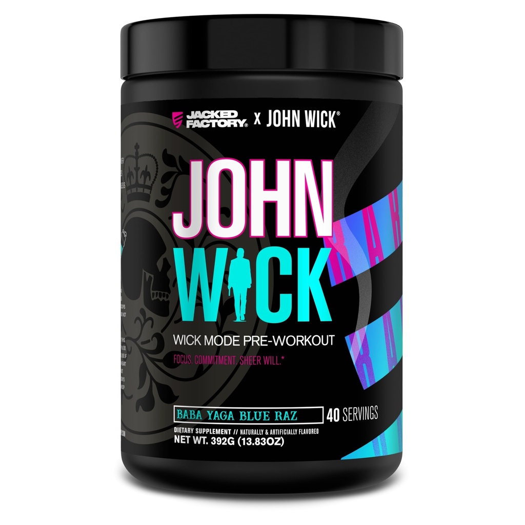 Jacked Factory X John Wick - Wick Mode Pre Treenout Powder - Intense Energy, Battle-Ready Focus, pysäyttämätön sitoutuminen, ja Sheer Will - 40 Palvelee, Baba Jaga Blue Raz