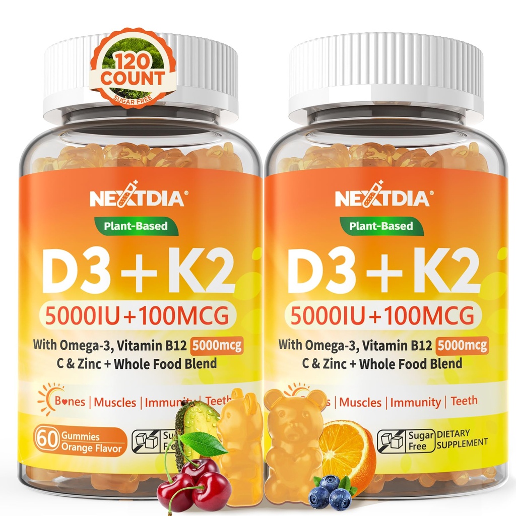 D3-vitamiinia K2 Gummies 5000IU / 10 000 IU Omega-3 250 mg + K2(MK-7) 100mcg - 5X Imeytyminen kuin standardi D3K2, C-vitamiinia, sinkkiä ja 5 orgaanista kasvista, tukea luun ja hampaiden vahvuutta, immuunia