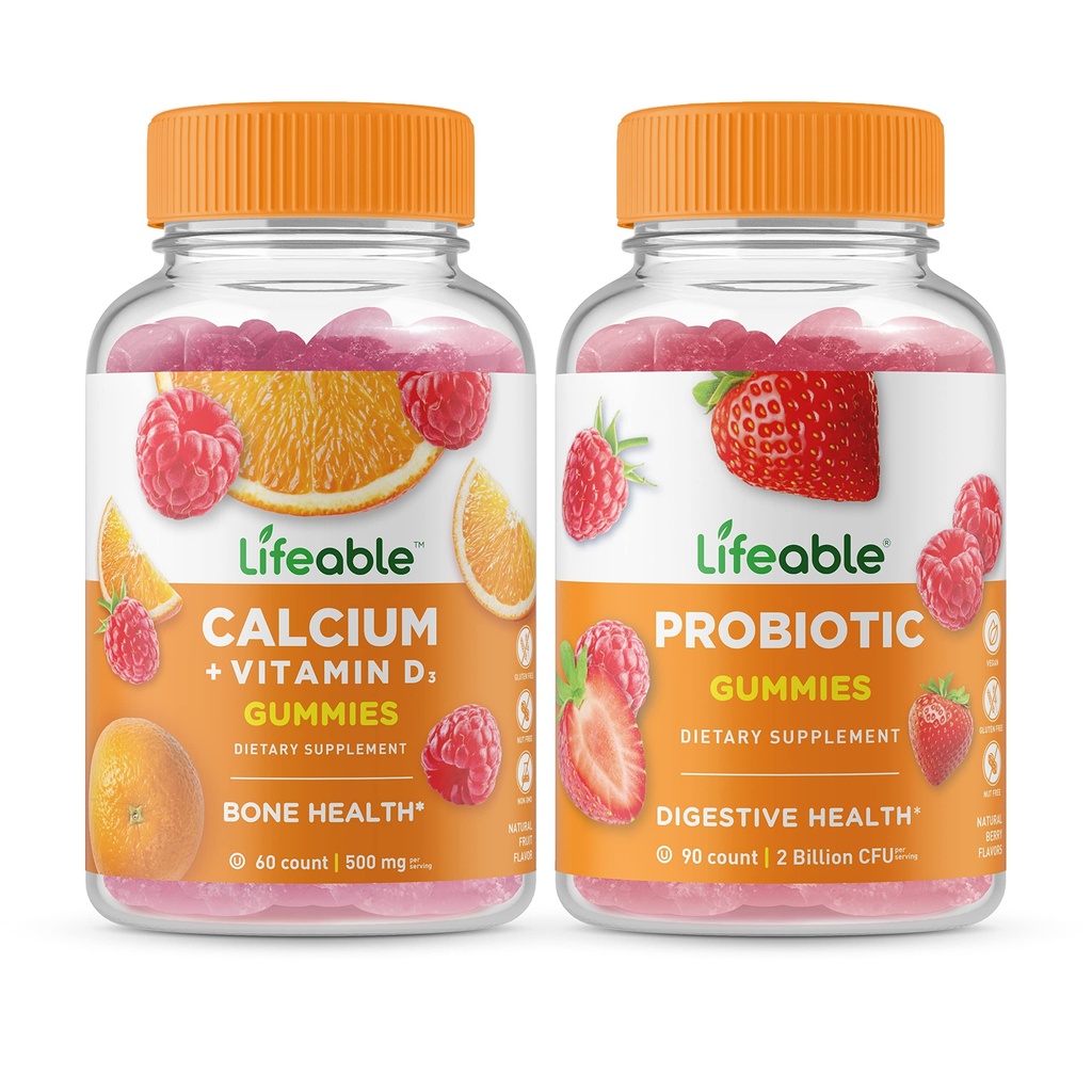 Livlig kalcium med vitamin D + Probiotisk 2 miljarder CFU, Gummies Bundle - Stor smak, vitamintillskott, Gluten Free, GMO Free, Chewable