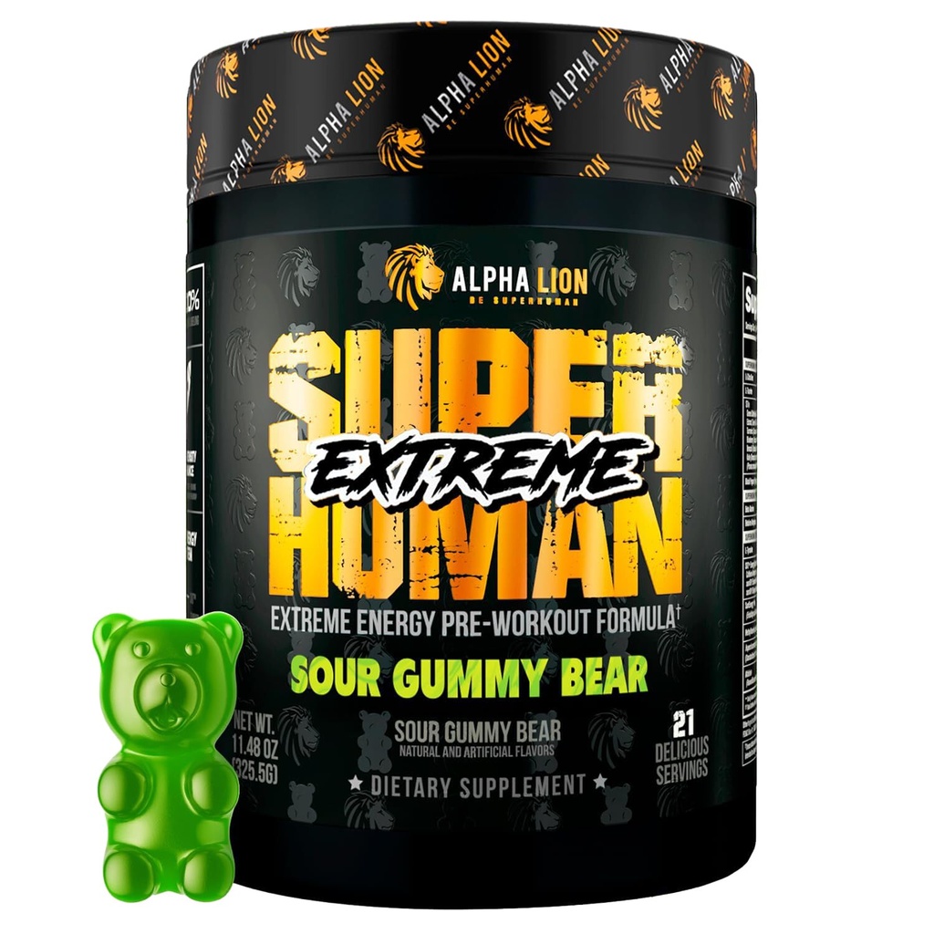 AAKKOSELLINEN LION Superhuman Extreme High Stim Pre Treenout Powder, Beta Alanine, L-Taurine & 356 mg Tri- Source Kofeiini kestävä energia, typpioksidi & Sitruliini pumppu (21 tarjoilut, hapan Gummy Bear)