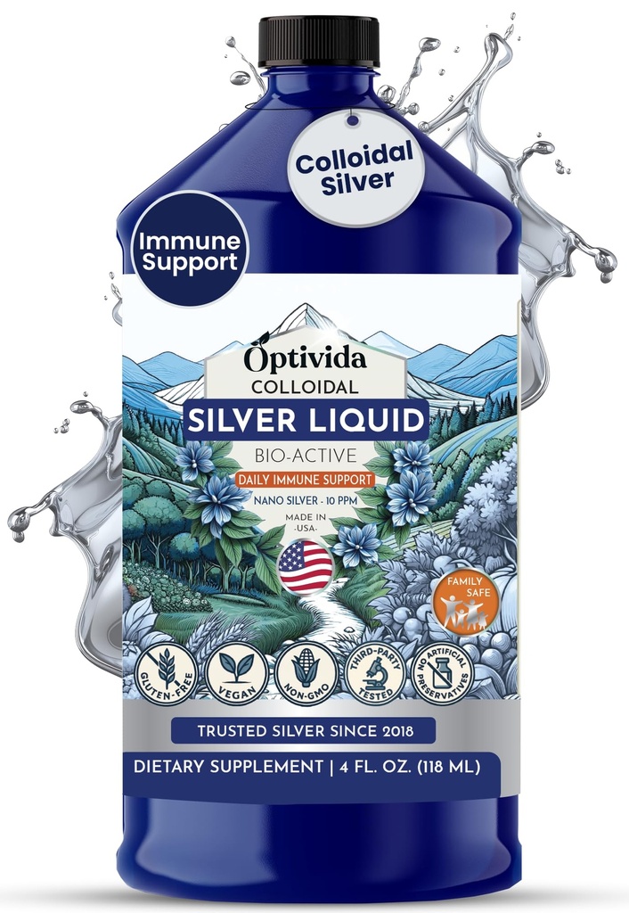 Optivida Health Colloidal Silver Liquid (32 oz) - Premium Nano Silver Colloidal Supplement för Daily Wellness & Immune Support, Natural Liquid Silver Hydrosol för vuxna och barn, icke-GMO, Gluten-Free