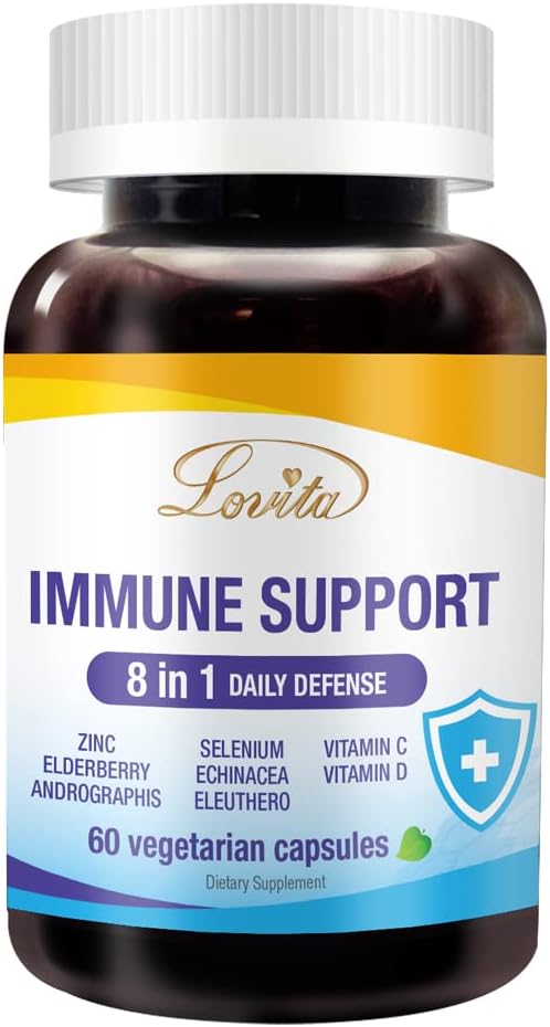 Lovita Immune Support 8 in 1, Elderberry kanssa Sinkki ja C-vitamiini, D-vitamiini, Selenium & Echinacea, Andrographis, Siperian Ginseng - Immuuni Booster Supplement, 60 kasvissyöjä kapselit