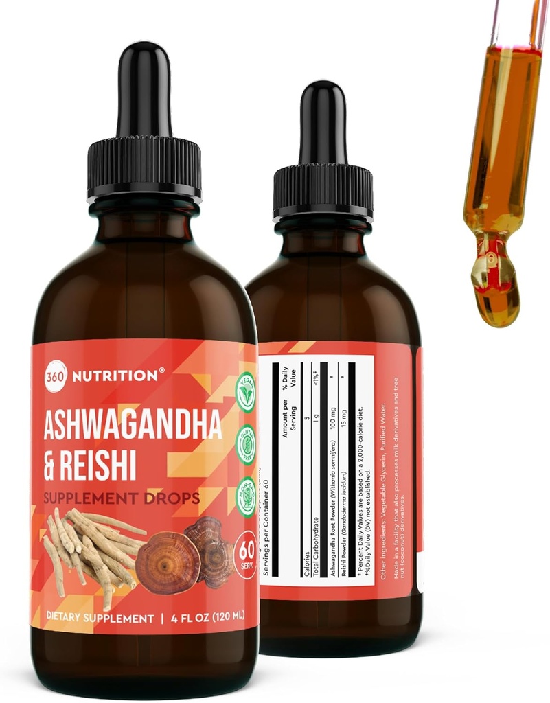 360 Nutrition Ashwagandha & Reishi Root Supplement Drops for Stress Relief, Stamina & Longevity och Energy Support - Vegan Non-GMO Adaptogenic - 4 fl oz, 60 portioner