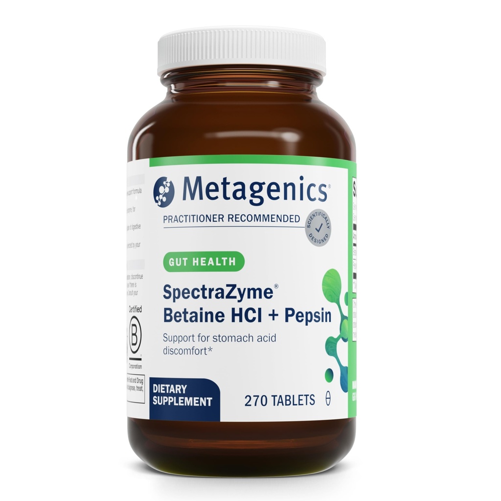 Metagenics SpectraZyme Betaine HCI + Pepsin - Stöder maghälsa och hjälpmedel i matsmältning * - med Betaine HCl & Pepsin - Proteolytisk Digestive Enzyme * - Non-GMO - 135 portioner - 270 Tabletter