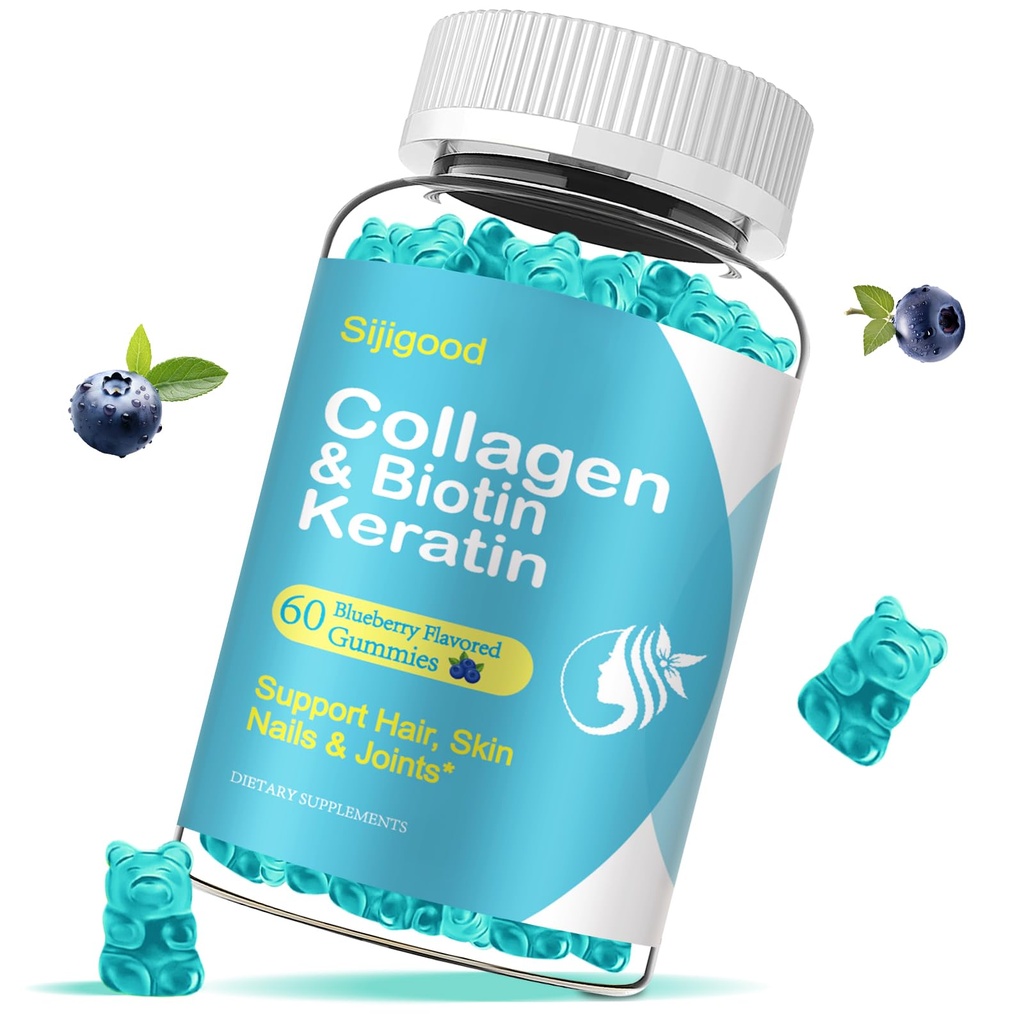 Biotin Gummies Collagen, Keratin, Hyaluronic Acid, Vitamiini ihon, hiusten kasvua, kynnet, Naiset Miehet Aikuiset Lapset - 60 Mustikka makua Gummies