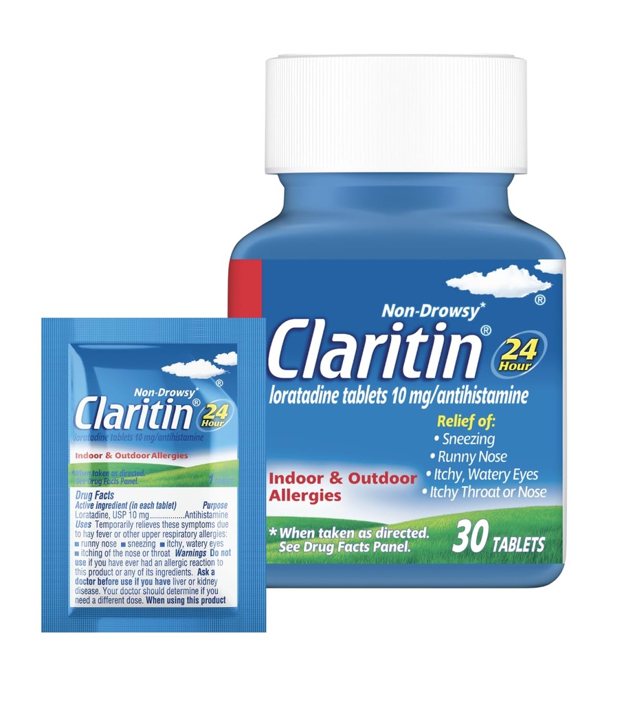 Claritin Allergy Medicine for Adults, 24-tunnin Loratadine 10 mg pillerit, antihistamiini, 30 tablettia + 1ct On-The-Go Relief