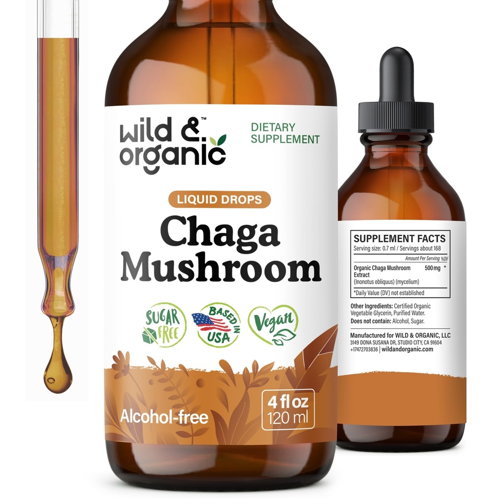 Wild & Organic Chaga Mushroom Drops - Immuunituki Chaga Extract - Liquid Mushroom Supplement for Immuniteetti - Vegan, Sokeri & Alkoholiton Tincture - 4 fl oz