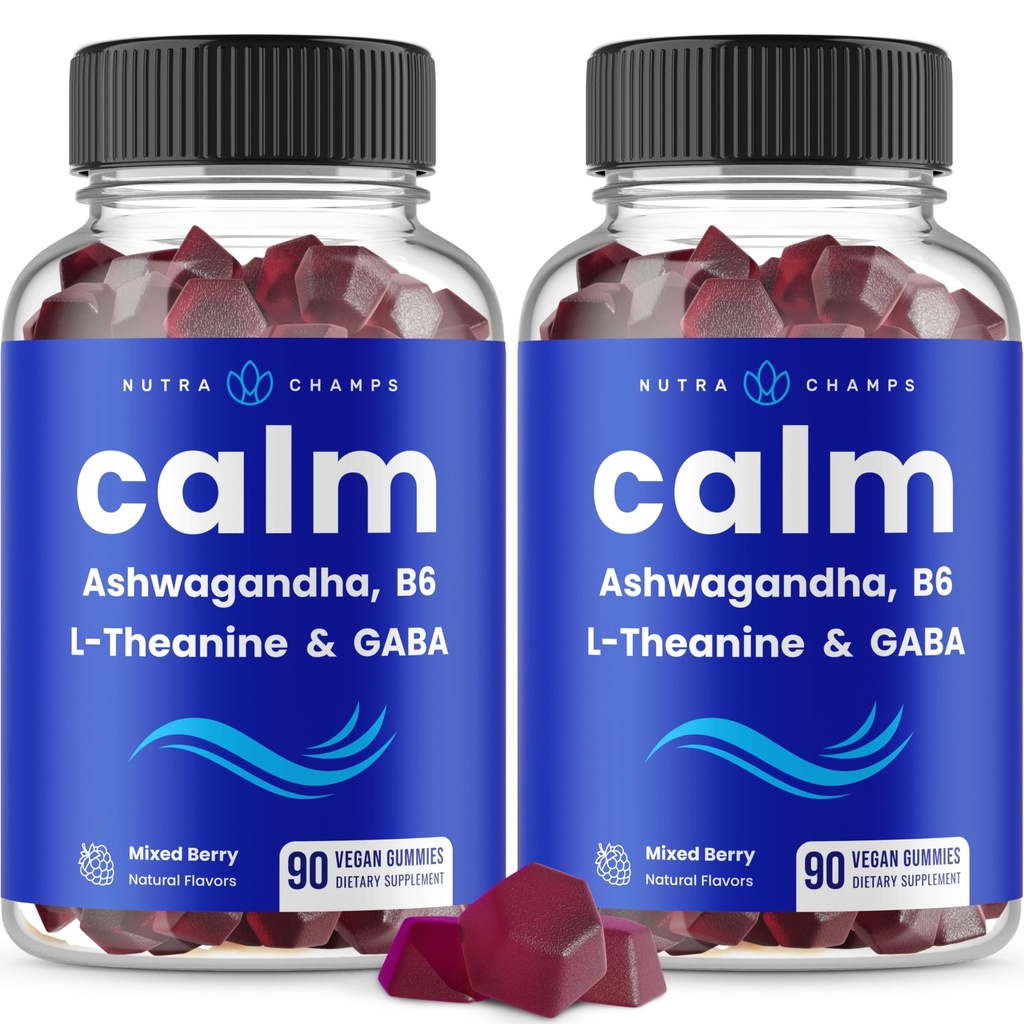 NutraChamps Calm Gummies, Stressi Gummies täydentää Ashwagandha, L-Theanine, GABA, B6-vitamiinia ja sitruunan balsamia, 90 Gummies (paketti 2)