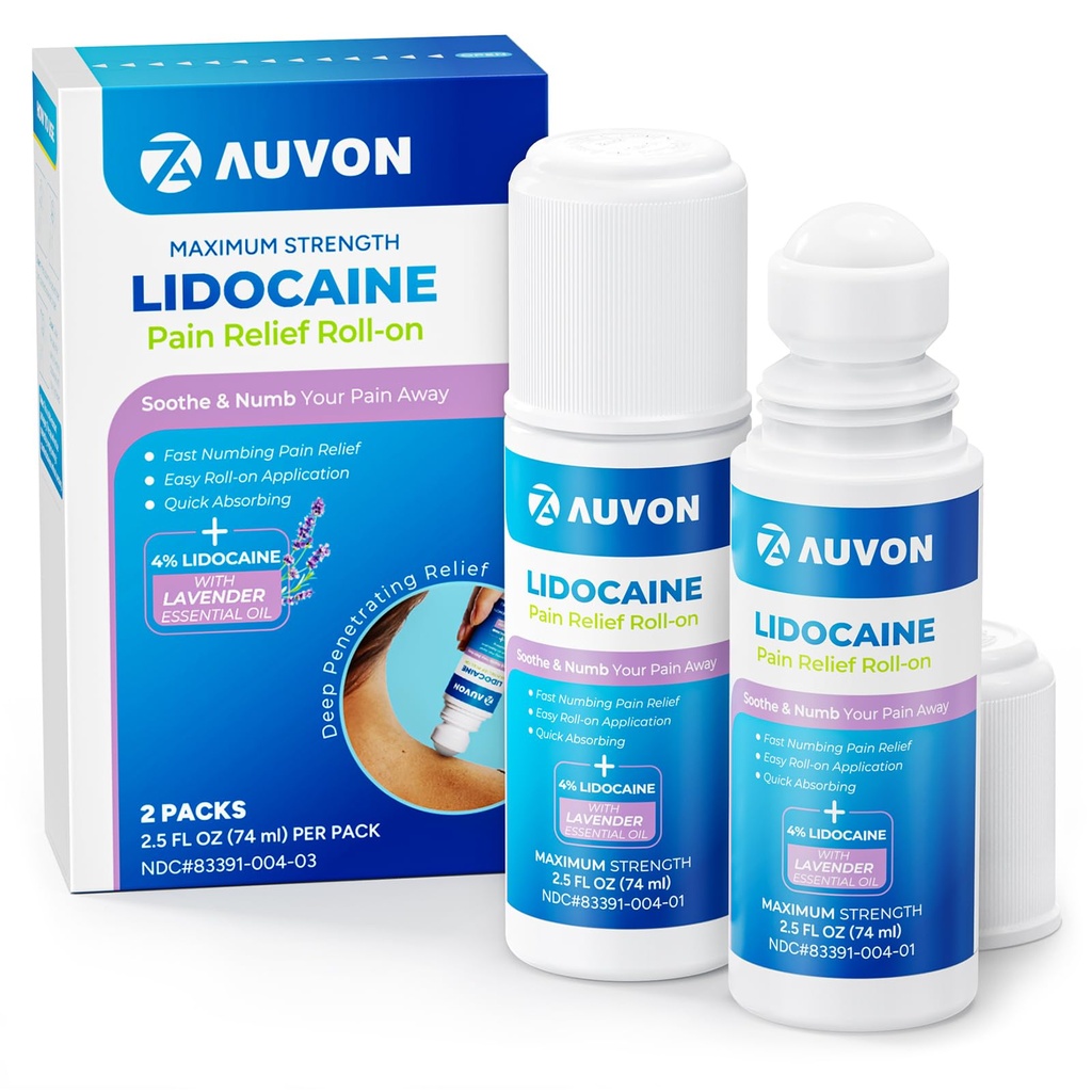 AUVON Max Strength Lidokaiini Pain Relief Roll-On kanssa Lavender Essential Oil, Ei Mess Applicator, nopea absorbing Numb & Soothe Pain Relief polville, olkapäät, FSA / HSA Oikeutettu, 2,5 OZ, 2 pakkausta
