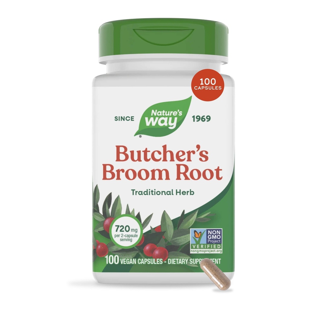 Naturens Way Butchers Broom, traditionell ört, 720 mg per 2-Capsule Servering, Non-GMO Project Verified, 100 Vegan Capsules (Packaging May Vary)