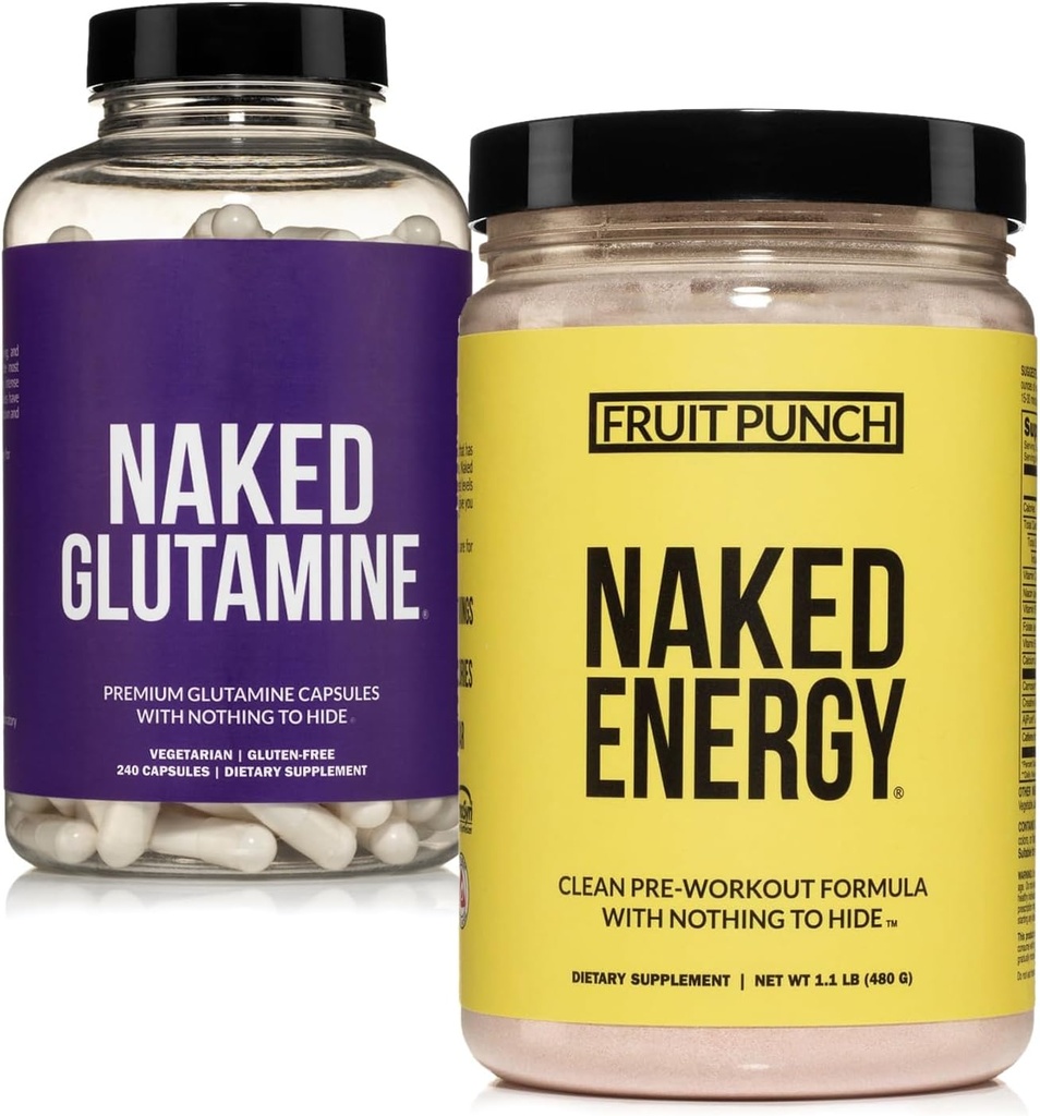 NAKED Vegan Energizing Muscle Recovery Bundle Fruit Punch Energy ja 240 L-Glutamiini kapselit, 1000 mg