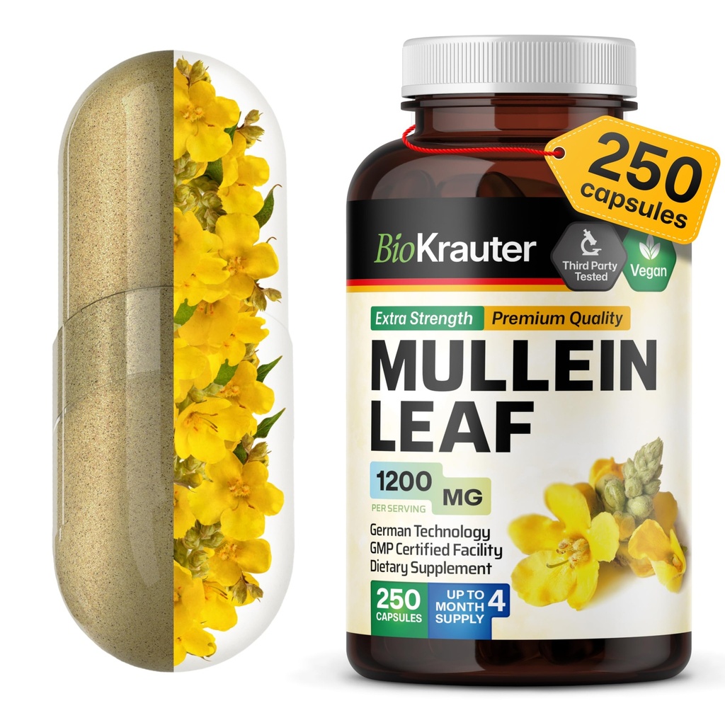 BIO KRAUTER Mullein kapselit 1200 mg 250 Count - Pure Vegan Mellein Leaf Extract for Keuhkot - 125 päivän tarjonnan - Lung Cleanse & hengitysteiden tuki täydentää - Ei täyteaineita, ei GMO