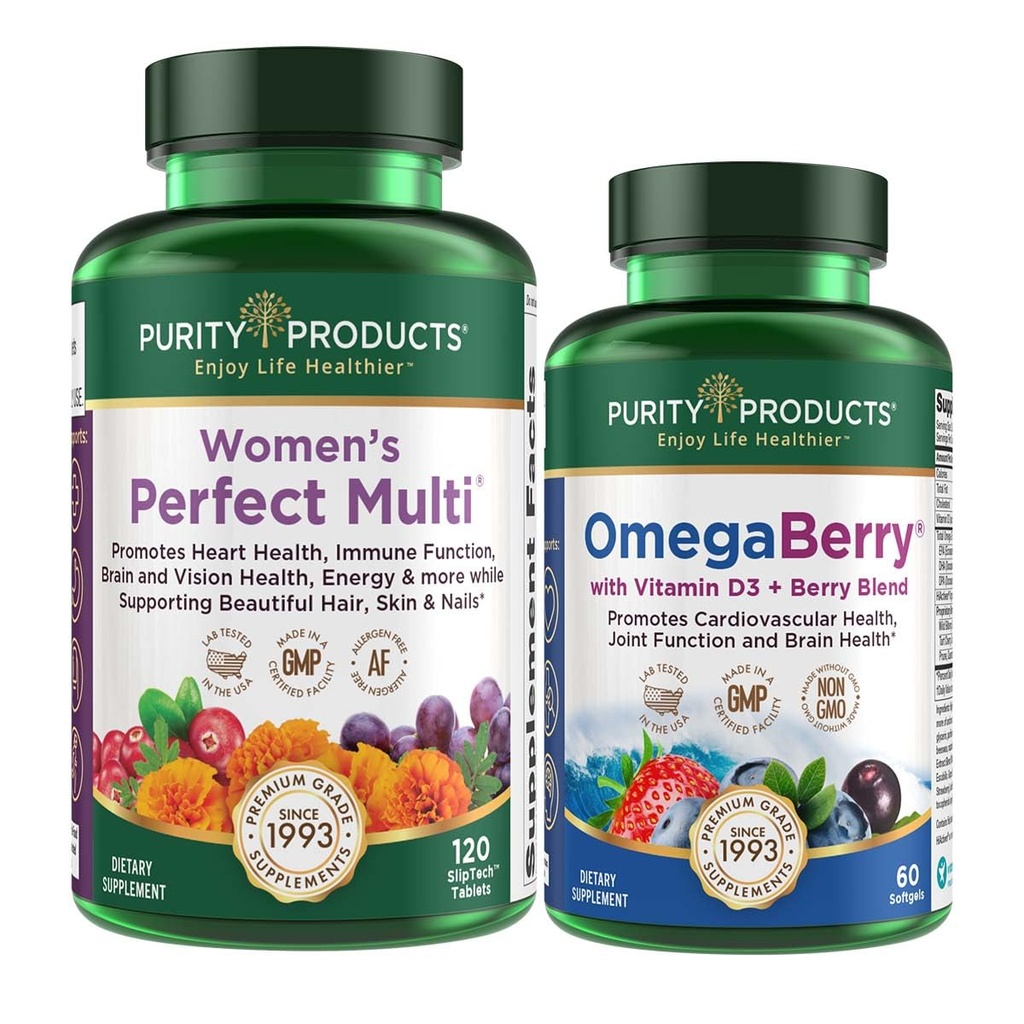 Puhtaus Tuotteet Naiset Täydellinen Multi + OmegaBerry Fish Oil Naisten Multi (Tuki virtsateiden terveys, Immuuni, Bone, Hiukset, iho, Nails + More) - OmegaBerry (1250mg Omega-3, D3-vitamiini + More)