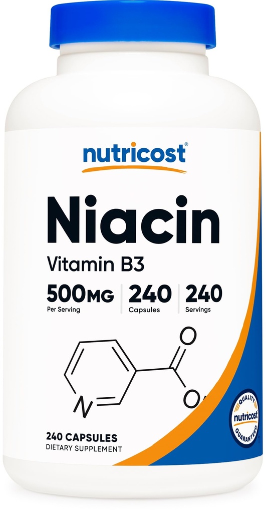Nutricost Niacin (Vitamin B3) 500mg, 240 kapslar - med Flushing, icke-GMO, Gluten Free