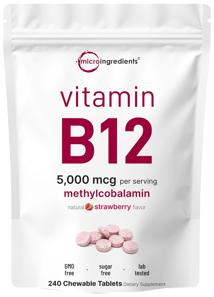 Micro Ingredients B12 5 000 mikrog ... Metyylikobalamiini 240 purutablettia... Nopea liuotus, luonnon mansikkamaku... Tukee energian ja aineenvaihduntaa...