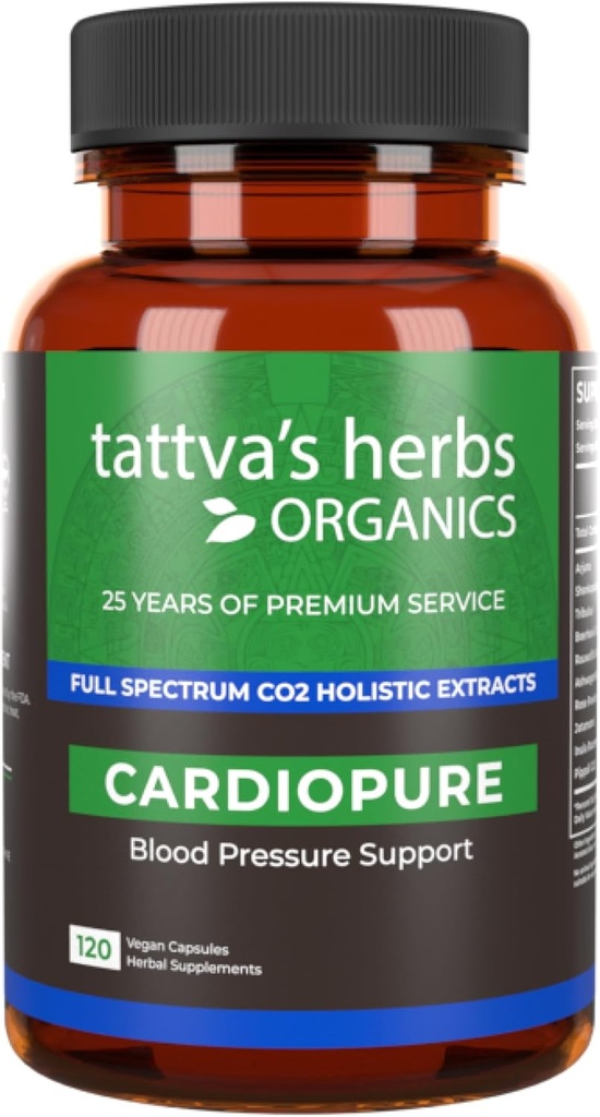 Tattvan Yrtit Kardiopure Herbal Ayurvedic Supplement, Ashwagandha, Rauwolfia, & Arjuna Full Spectrum Co2 Uutteet, Kasviskapselit, 120 Kreivi