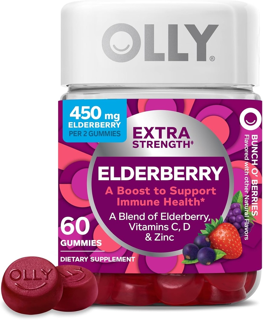 Olly Extra Strength Elderberry Gummies, Immuno Support, 450 mg Elderberry, C-vitamiini, D ja Sinkki, Berry - 60