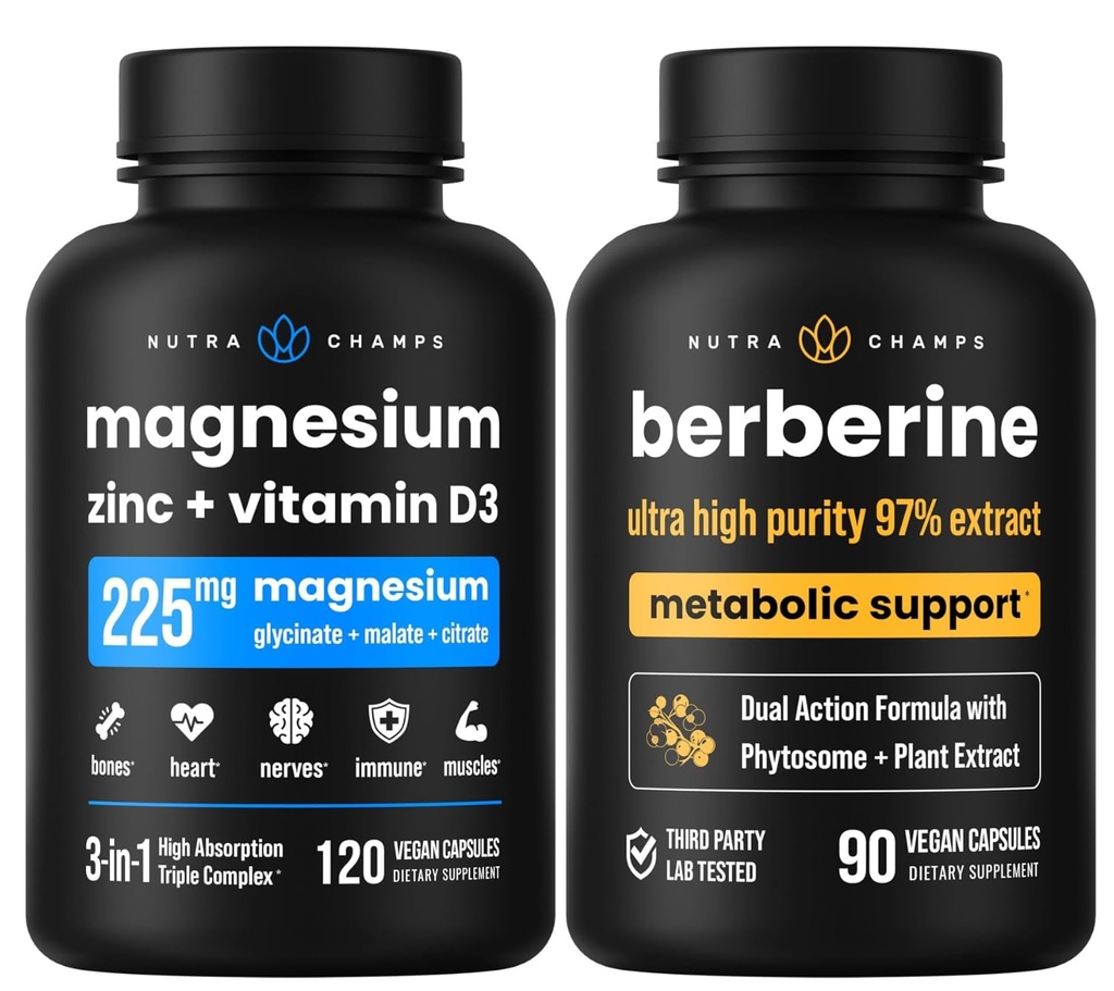 NutraChamps Complete Bone & Metabolic Support: Magnesiumsinkki D3 & Berberine Duo