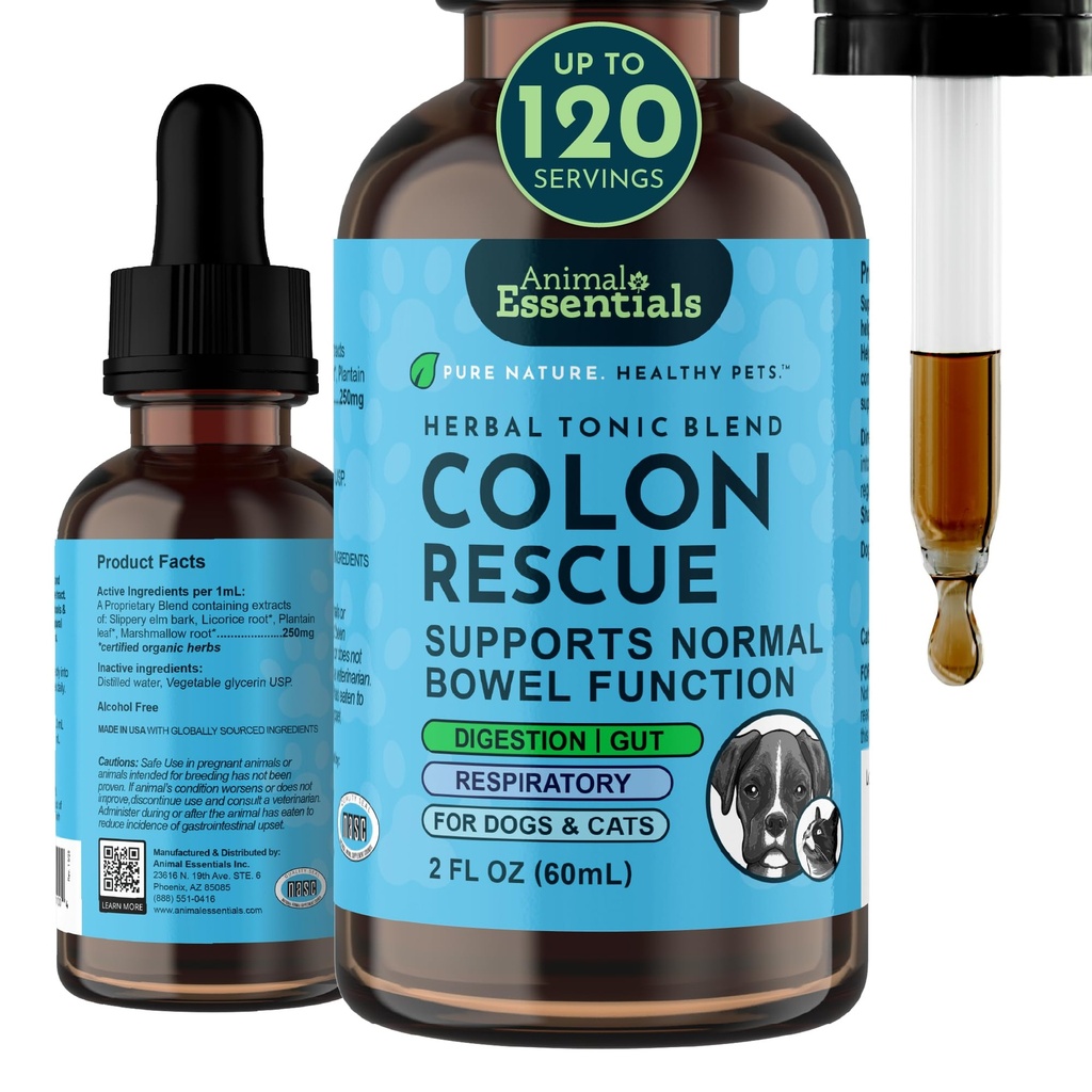 Animal Essentials Colon Rescue - Dog Stool Softener, Organic Slippery Elm Bark, Fast Acting Anti-ripuli Liquid Drops koirille ja kissat, Natural Ummetus Relief täydentää lemmikkieläimet - 2 fl oz