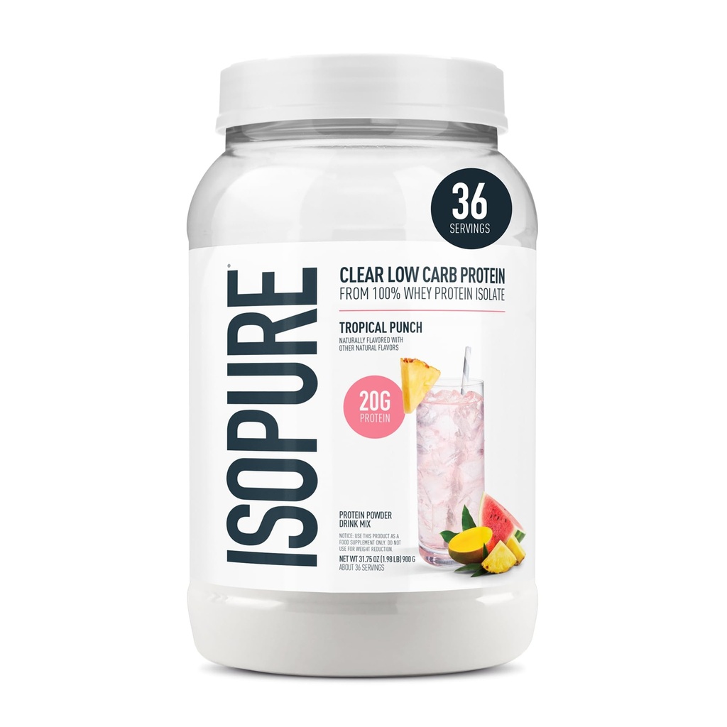 Isopure Clear Whey Isolate Protein Powder, Lactose Free, Gluten Free, Naturligt smaksatt, Tropical Punch, 20g Protein Per Servering, 1,9 Lbs, 36 portioner (Packaging May Vary)