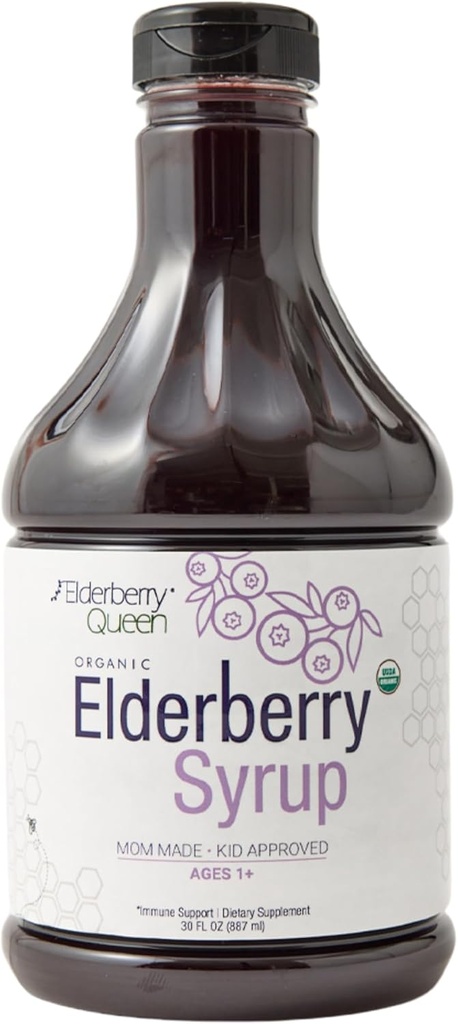 Elderberry Queen Organic Elderberry Syrup 30 Fl Oz - Immuuni Support Formula Sambucus Musta Elderberry & Aronia Berry - Pure Natural Certified Organic Elderberry Syrup lapsille ja aikuisille
