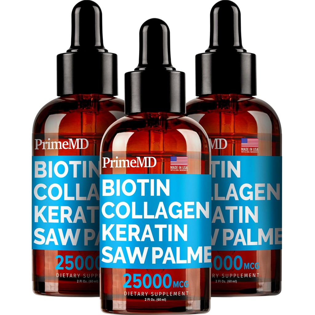 PrimeMD 4-in-1 Liquid Biotin Collagen Keratin Saw Palmetto Drops (3 pakkaus) Bundle - 25000 mcg Hiusten kynnet ja ihon vitamiinit naisten ja miesten - 2 Fl Oz Each, Watermelon Flavor, Gluteeniton, ei-GMO