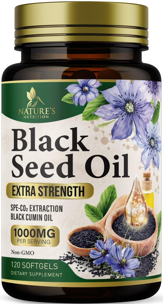Black Seed Oil Softgels 1000mg - Premium Nigella Sativa Blackseed, Pure Natural Black Cumin Seed Oil & Antioksidant for Skin & Immuuni Support - Non GMO, pullotettu Yhdysvalloissa täydennysosa - 120 Softgels