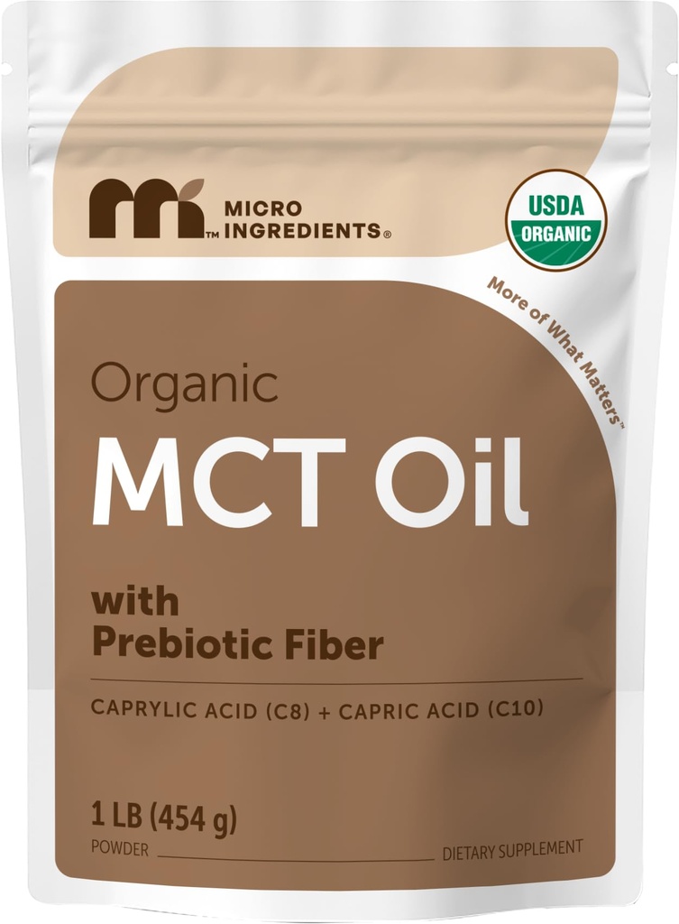 Organic MCT Oil Powder with Prebiotic Fiber,1 Pound (± 16 Ounce), Fast Fuel for Body and Brain, C8 MCT Oil for Coffee Creamer, Ei muuntogeenisiä organismeja, Keto Diet, Vegan