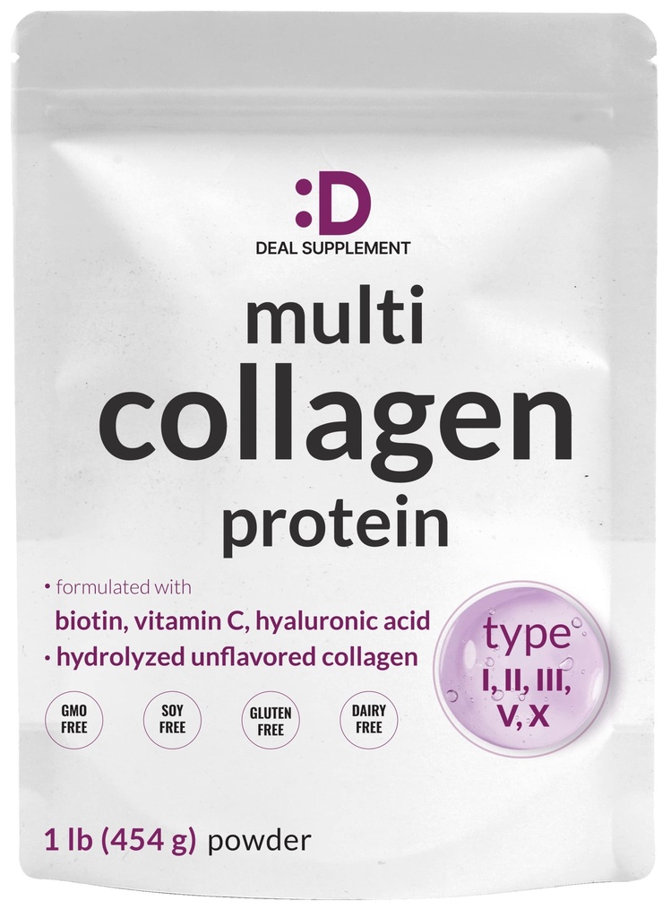 Multi Collagen Protein Powder,1Lb - tyyppi I, II, III, V, X Collagen Peptides with Biotin 10000mcg, C-vitamiini & Hyaluronic Acid - Upea - Keto & Paleo Friendly, Great for Hiukset, iho, kynnet & nivelet