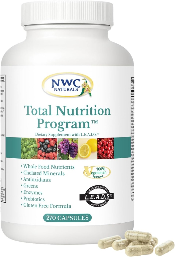 NWC Naturals Total-Nutrition Program Multivitamiini Enzymes Plus Prebiootit ja probiootit täydentää, täydellinen hoito miesten ja naisten, kasvissyöjä Natural Koko ruoka vitamiinit, 270 kapselia