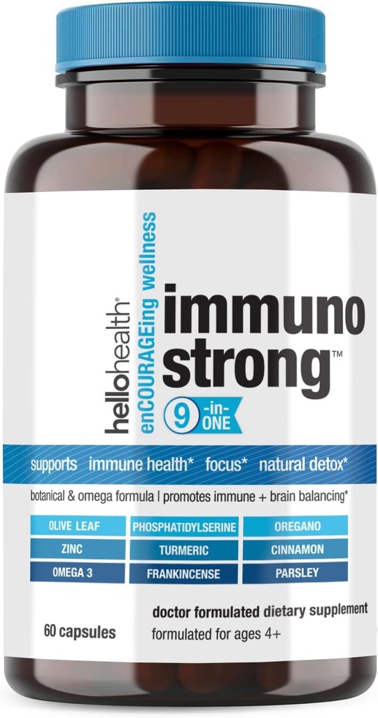 Päivittäinen Immunosupport Supplement Immunostrong 10-in-1 Immuuni Booster Oregano, Olive Leaf, Rauhoittava antioksidantti Omega 3, Turmeerinen Curcumin & Sinkki vitamiineja aikuisille ja lapsille -60 ct