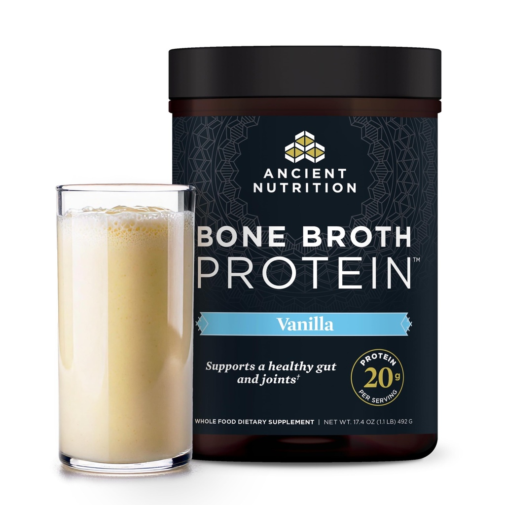 Antiikin ravitsemus Grass Fed, Cage Free, Bone Broth Protein Powder, 20g proteiinia, hydrolysoitu Collagen Peptides, Keto & Paleo Friendly, Tukee Joint, Gut Health, Vanilla, 20 tarjoilua