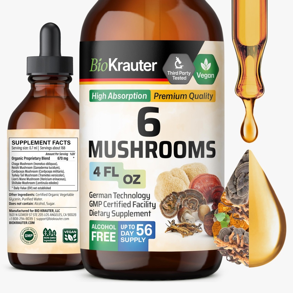 BIO KRAUTER 6 Sienet täydennysosa 6-in-1 - Lions Mane, Shiitake,Turkki Tail, Cordyceps, Reishi & Chaga Liquid Extract - sieni Complex Tincture - Vegan Drops 4 Fl.Oz.