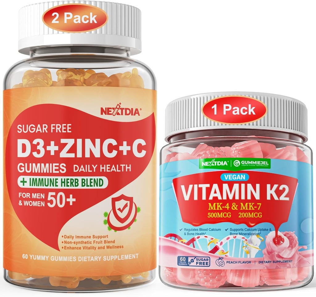 Bundle: C-vitamiini + D3 + Sinkki Gummies aikuisille 50 + & K2-vitamiini Gummies