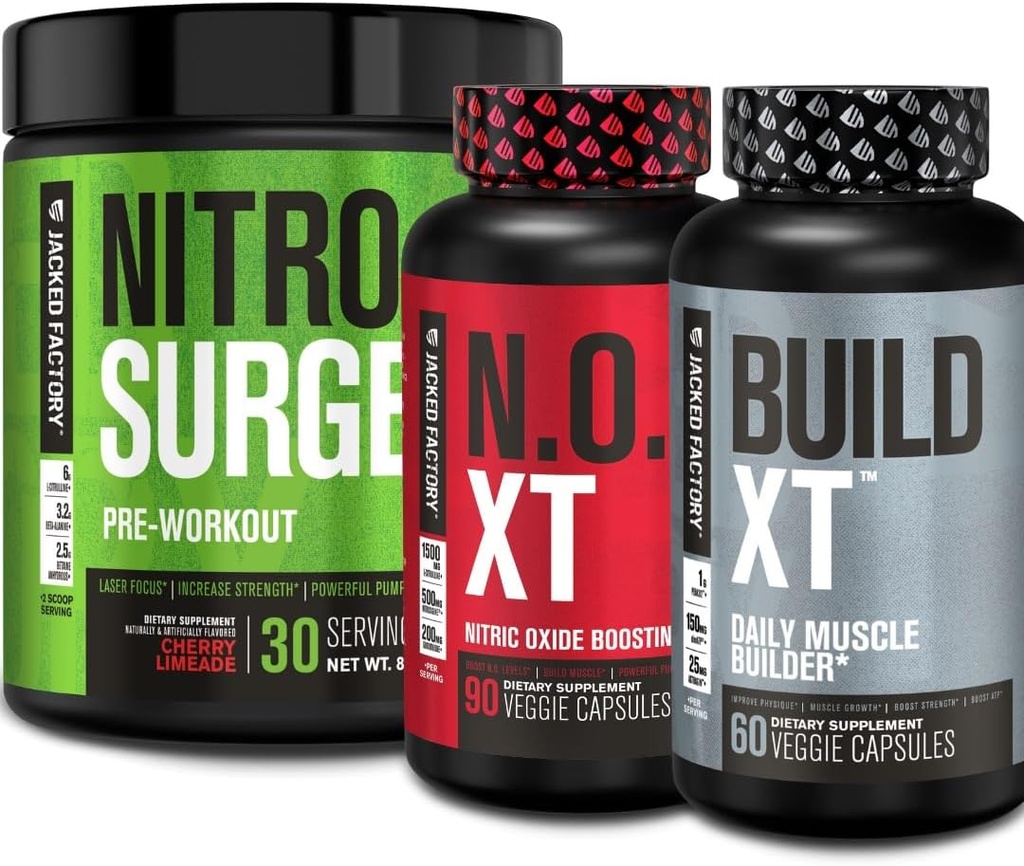 Jacked Factory Nitrosurge Pre Treout, N.O. XT Typpioksidi täydentää & rakentaa-XT Päivittäinen lihas Builder Bundle