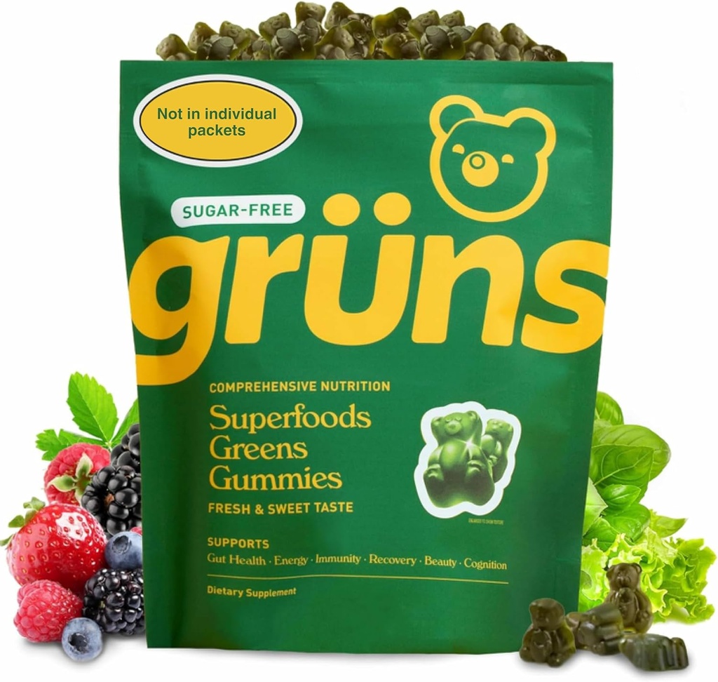 Gruns Adult Sugar-free Super Greens Gummies - Superfood Gummy Bears kanssa Spirulina, Klorella, Kuitu & prebiootit digestiiviselle terveydelle, Adaptogen täydentää 20 vitamiinit ja mineraalit, 2 viikon tarjonta