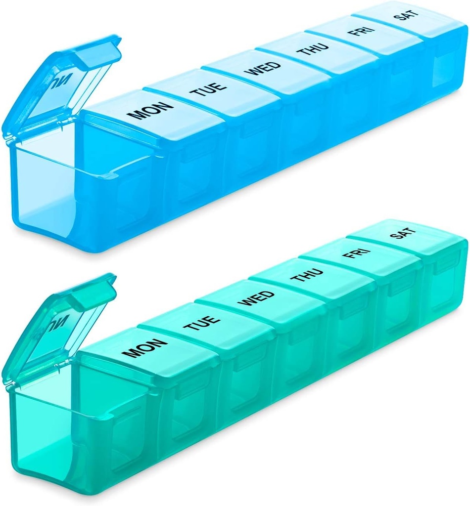 BUG HULL Weekly Pill Organizer Large 2 Packs, Extra Large Travel Pill Organizers, Pill Box 7 Day, Travel Pill Case, Medicine Pill Organizer för vitaminer, kosttillskott och mediciner (Blue+Green)