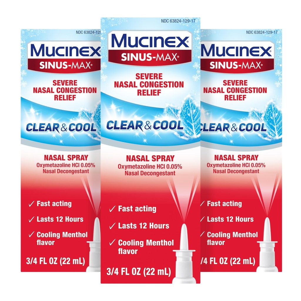 Mucinex Sinus-Max Nasal Spray Decongestant, 12 tuntia yli-The-Counter nose Spray for Sinus Relief, Nasal Decongestants for Adults, Jäähdytysmentol, 0,75 Fl Oz (paketti 3)