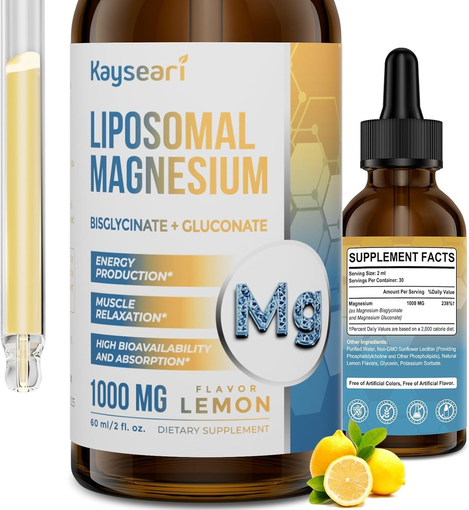 Suuri vahvuus Liposomaalinen magnesiumtippa, helposti absorboivat kelatut magnesiumbisglysinaatti- ja magnesiumglukonaattimuodot, 60ML Lemon Flavored Liquid Drops