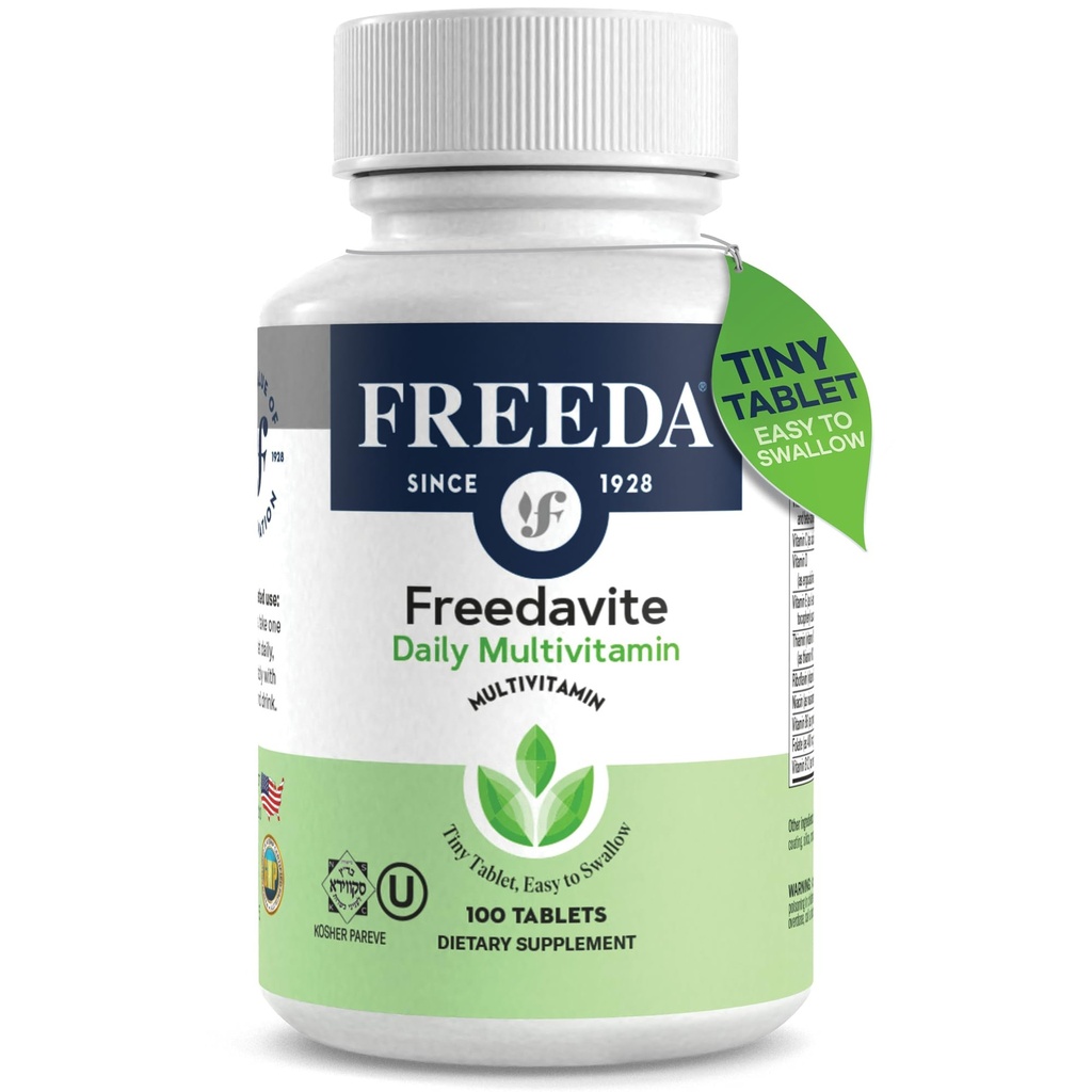 Freedavite Tiny Tablet - Kohtalainen monivitamiini miehille ja naisille - A-, C-, D-, E-, B1-, B2-, B6-, B12-, Biotiini, Kalsium, Sinkki, Rauta, Magnesium, Mangaani, Kupari, Seleeni, Jodi - 100