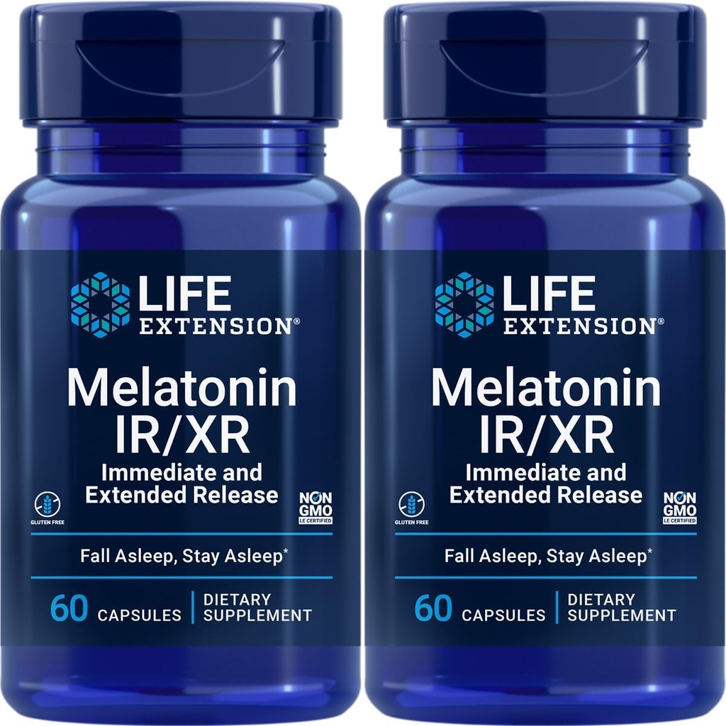 Life Extension Melatoniini IR/XR, 1,5 mg, välittömästi- ja laajennettu release Formula Optimal Support, Terve circadian Rhythms, Solun puolustus, Gluteeniton, ei-GMO, 2 X 60 kapselia