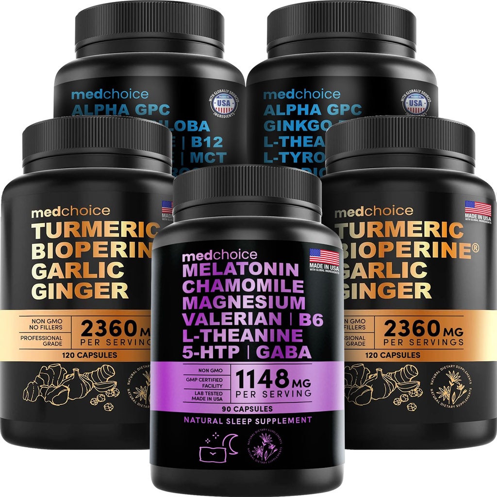 MEDCHOICE Sleep Melatonin (90ct), Turmeric & Ginger (240ct) och Nootropic Brain (120ct) Supplement Bundle - Wellness Trio för hjärna, sömn och immunstöd - Vegan, icke-GMO, Gluten-Free