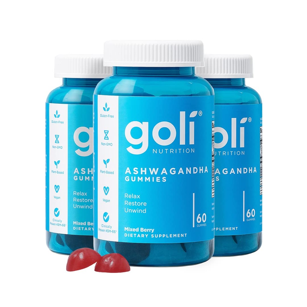 Goli Ashwagandha & D-vitamiini Gummy - 180 Count - Mixed Berry, KSM-66, Vegaani, kasvipohjaiset, ei-muuntogeeniset, gluteeniton ja liivate vapaa rentoutua. Palauta. 3 kpl pakkaus