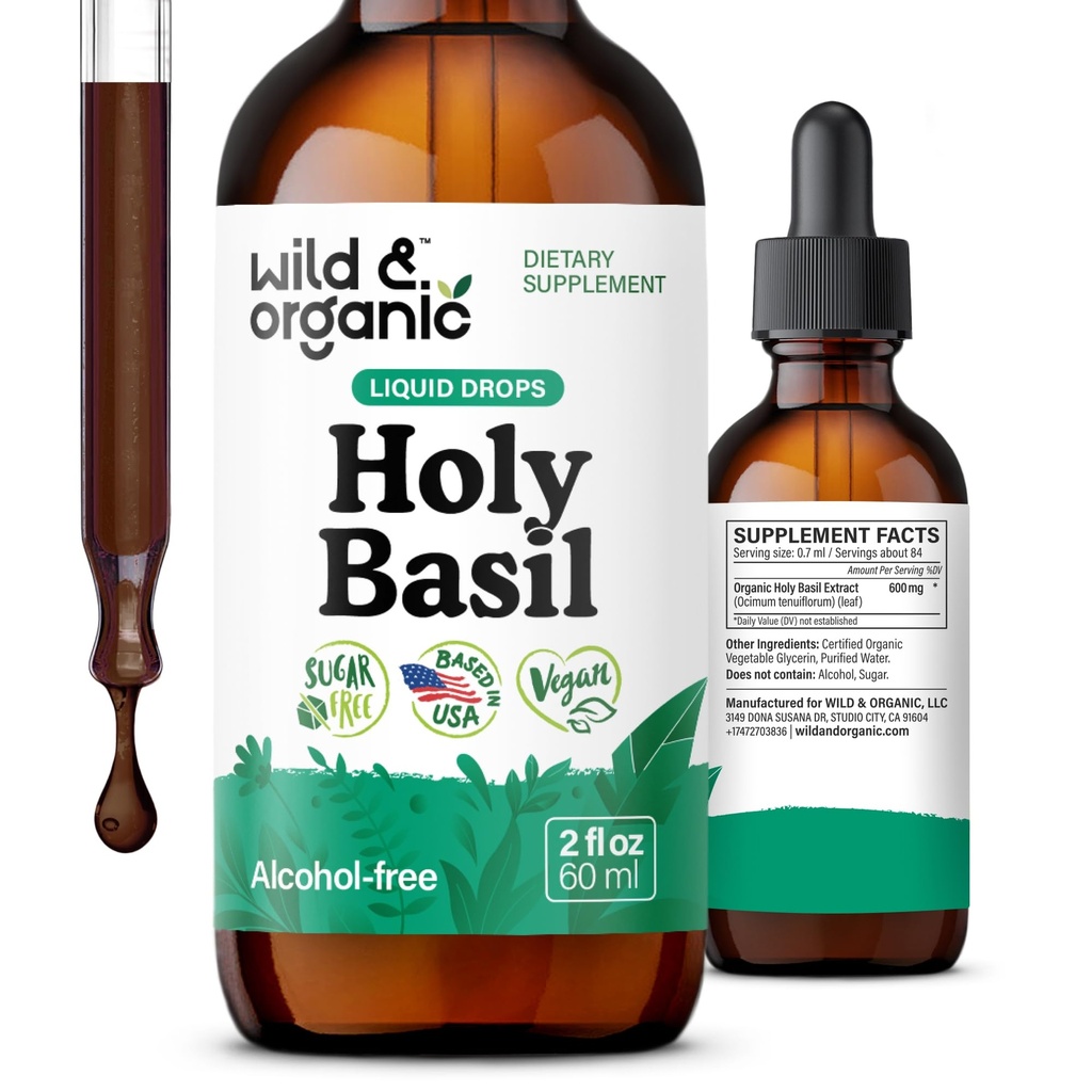 Wild & Organic Holy Basil Leaf Tincture - Rentoutuminen, rauhallisuus, mielialatuki - Tulsi Holy Basil Supplement - Vegaani, sokeri ja alkoholiton Herb Extract Drops - 2 fl oz