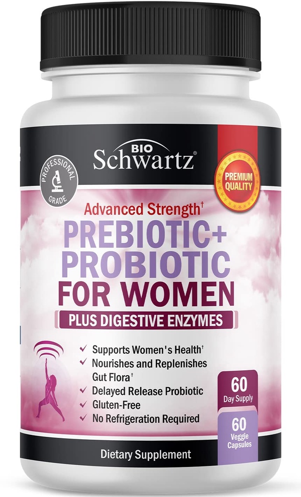 Prebiotika och probiotika för kvinnor - med Black Cohosh och Red Clover för Gut, Vaginal och Immune Health Support, Whole Food Digestive Enzymes Capsules, Lactobacillus Probiotic Supplement, 60 Count