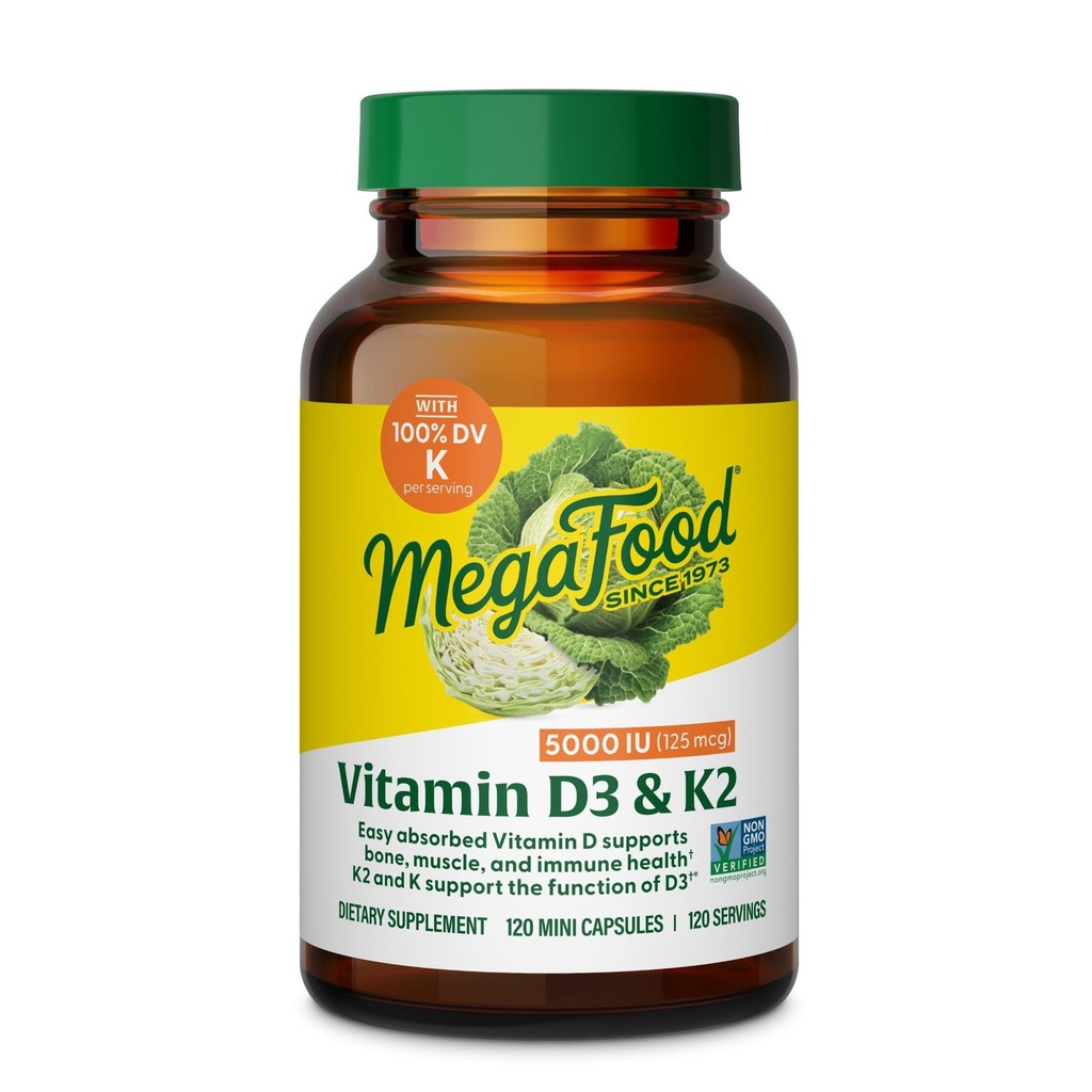 MegaFood-vitamiini D3 5000 IU (125 mikrog) - Kasvissyöjä täydentää D3 K2 -vitamiinia - Tukee luut, hampaat, lihakset ja immuuni terveys - Certified non-GMO - 120 Mini kapselit, 120 tarjoilua