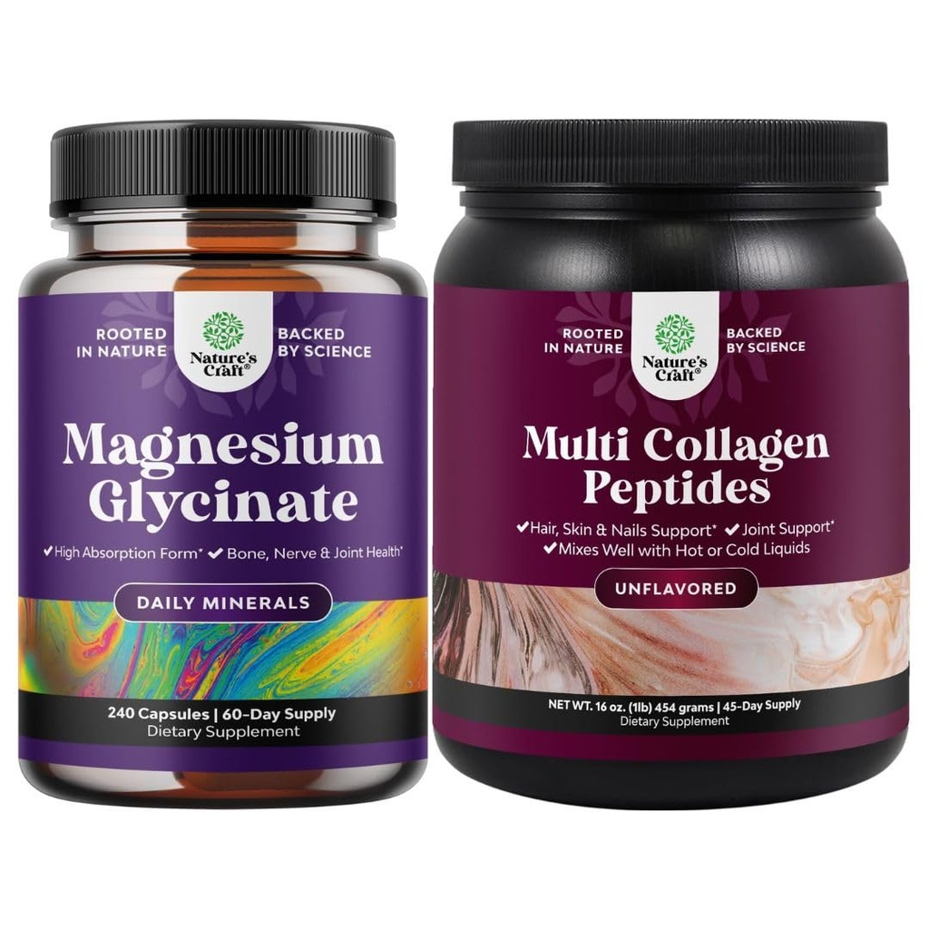 Bundle korkean imeytymisen Magnesium Glycinate kapselit Calming Sleep Plus Lihas luun ja hermo tukea ja Multi Collagen proteiinijauhe naisille ja miehille - hiukset iho ja kynnet vitamiinit