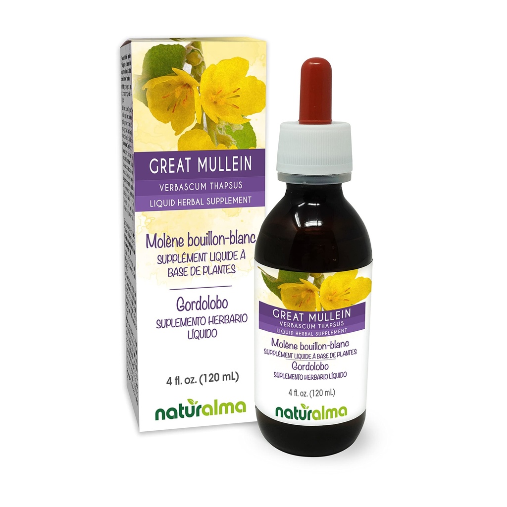 Naturalma Great Mullein eller Common Mullein (Verbascum thapsus) Flower och Leaf Alcohol-Free Tincture - 4 fl oz Liquid Extract i droppar - Herbal Supplement - Vegan