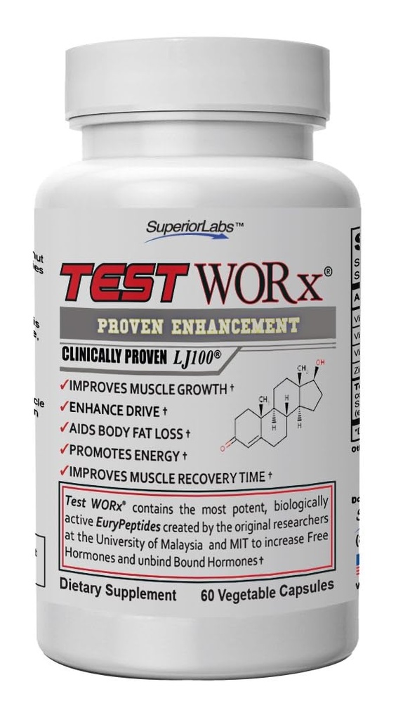 Superior Labs Test Worx Natural Testosteron Booster Supplement med kliniskt beprövade LJ100 och 8 Övriga ingredienser - Noticeable Increase in Energy, Stamina, Recovery, Sleep and Mood