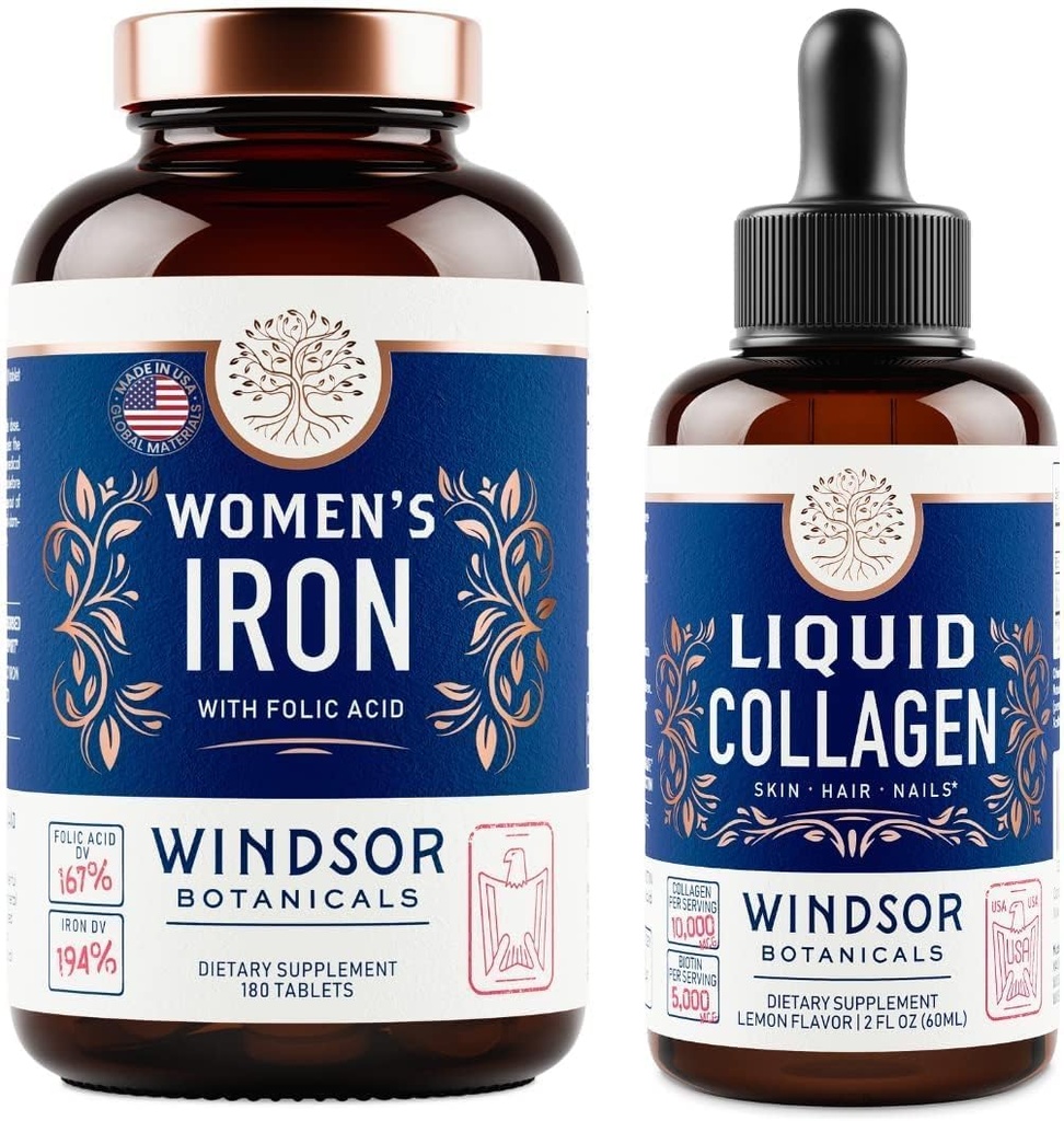 WINDSOR BOTANICALS Liquid Collagen ja rauta naisten Beaty ja Wellness Bundle